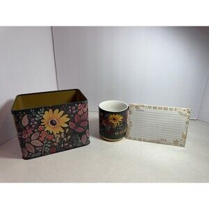 Evergreen Floral Recipe Tin & 10 oz Ceramic Mug Gift Set – 20 Recipe Cards”